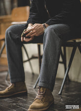 Maden Men Denim American Retro HBT Grey Jeans Straight Leg Slim Stripe Long Pants Amekaji Cotton No Elastic Bottom Trousers